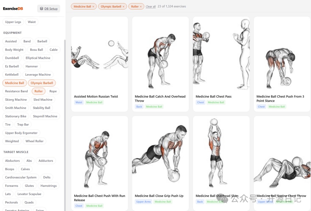 开源项目 Exercises Dataset 网页界面截图，左侧按器械与目标肌肉筛选，右侧为动作卡片网格